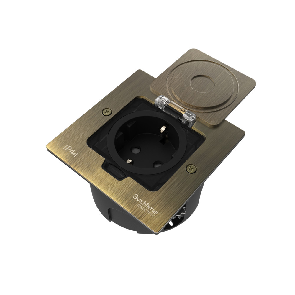 MultiDesk Лючок с розет.2К+З, 16А/250В, IP44 с коробкой д/стены,фальшпола,стола Античн. ЛАТУНЬ MDK21