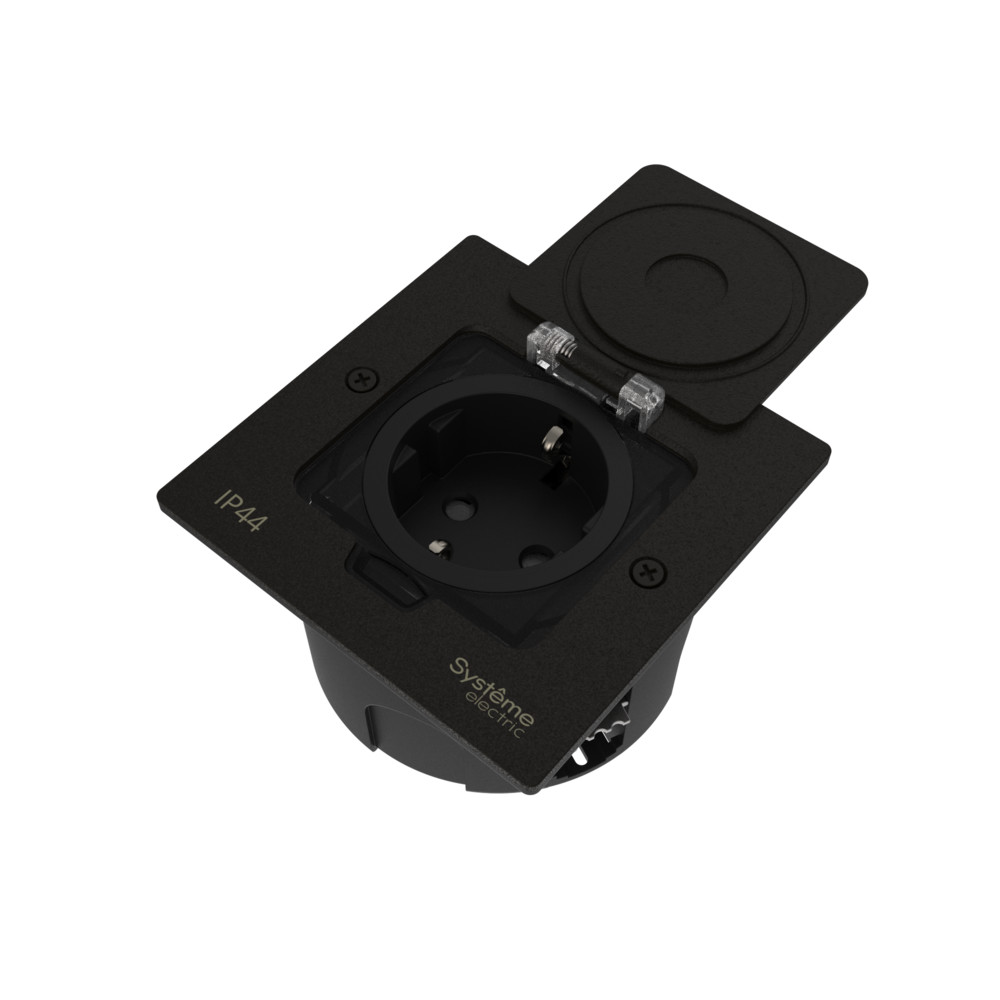 MultiDesk Лючок с розет.2К+З, 16А/250В, IP44 с коробкой д/стены,фальшпола,стола ЧЁРНЫЙ матовый MDK21