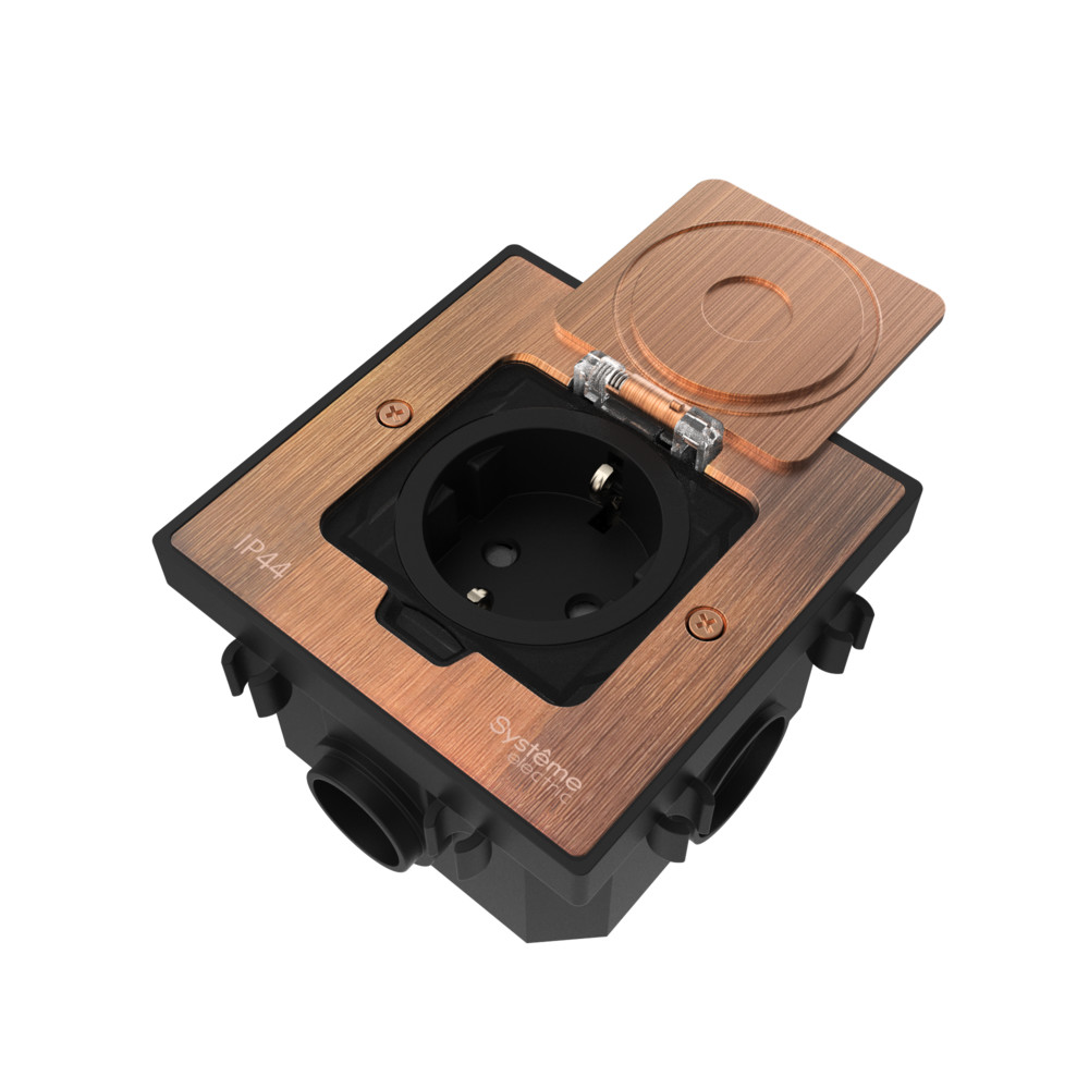 MultiDesk Лючок с розеткой 2К+З, 16А/250В, IP44 с коробкой для бетонных полов Медь, тип MDK21