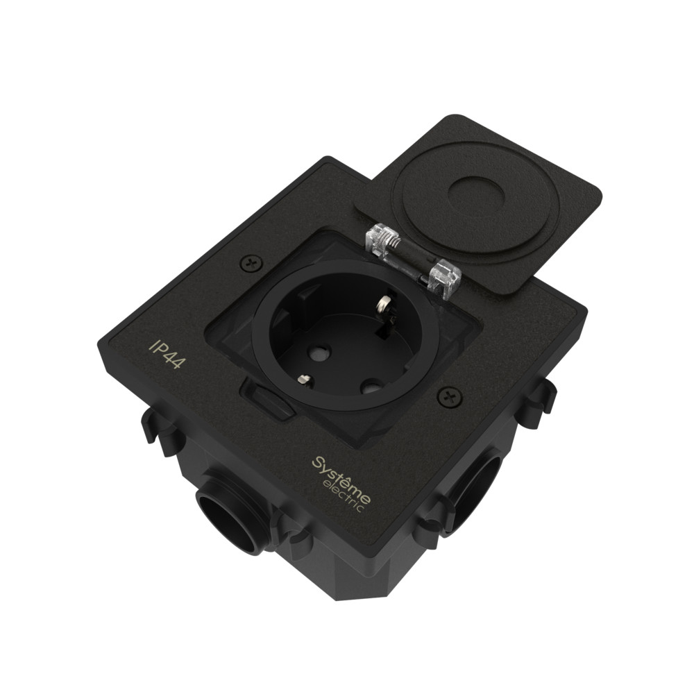 MultiDesk Лючок с розеткой 2К+З, 16А/250В, IP44 с коробкой для бетон.полов ЧЁРНЫЙ матовый тип MDK21