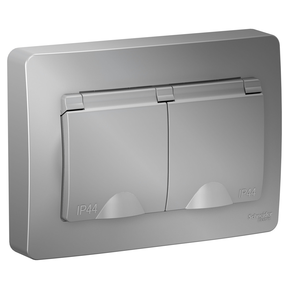 BLANCA С/У IP44 РОЗЕТКА двойная с заземлением со шторками, с крышками, 16А, 250В, АЛЮМИНИЙ