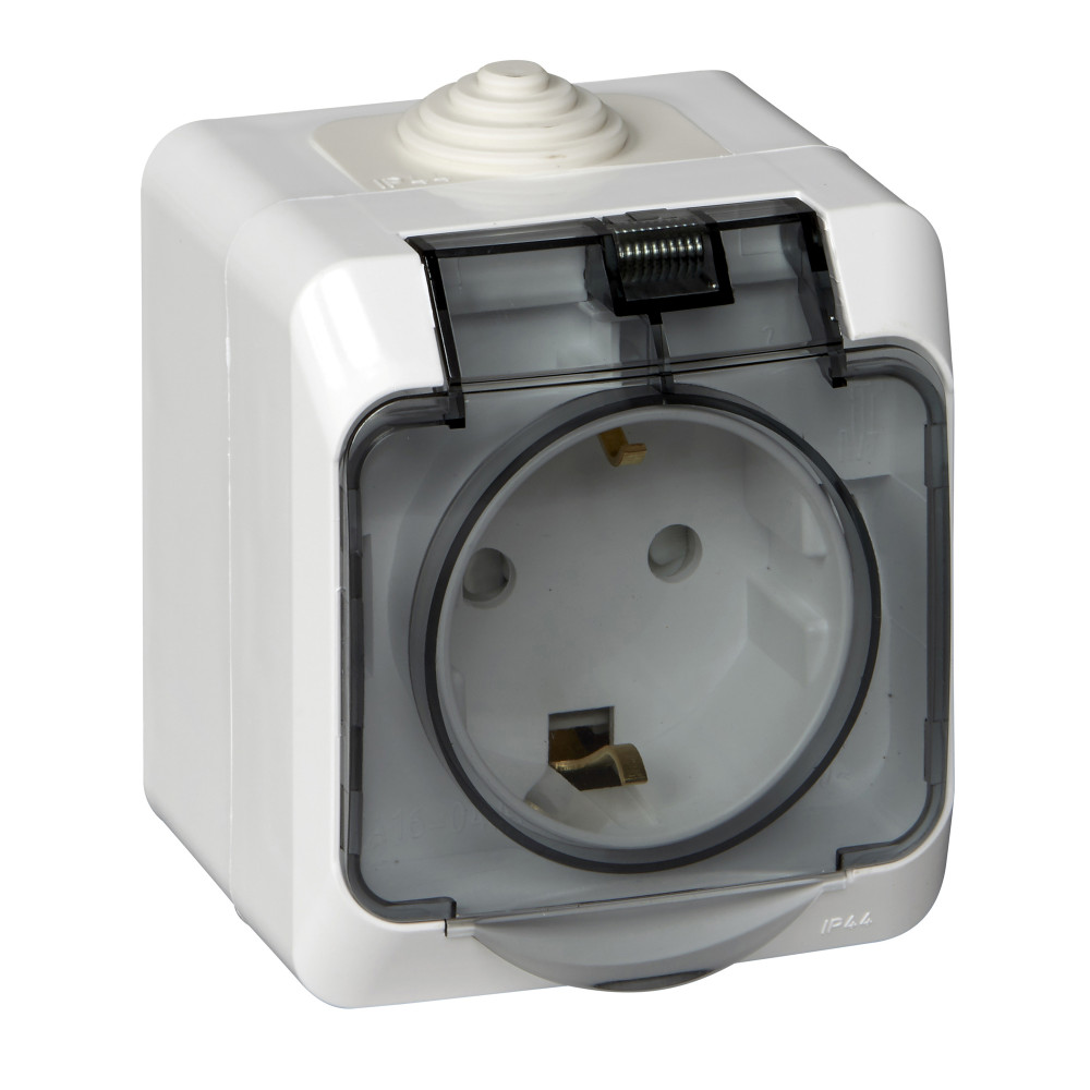 ЭТЮД IP44 О/У РОЗЕТКА с заземлением со шторками, 16А, 250В, БЕЛЫЙ