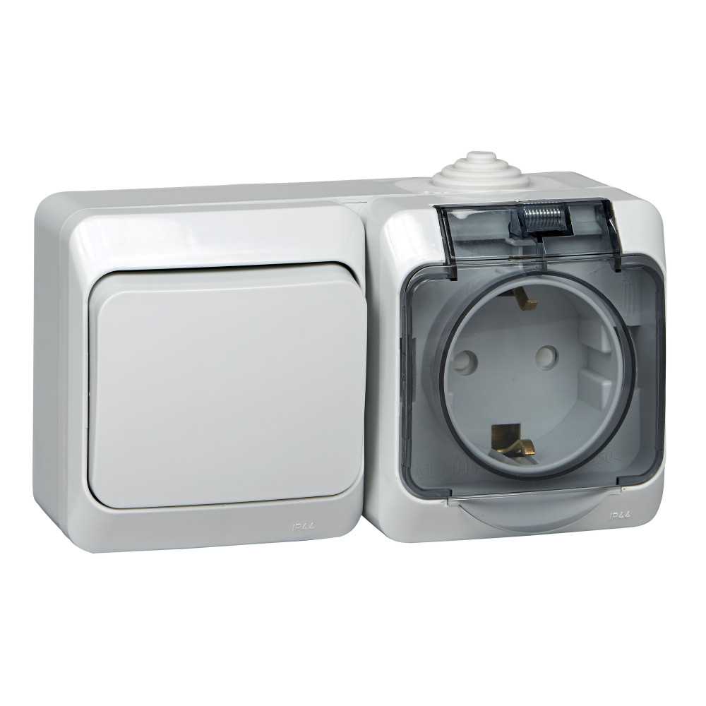 ЭТЮД IР44 О/У БЛОК: РОЗ. з/к со шт. 16А 250В, ПЕРЕК.1-клав.10А, СЕРЫЙ