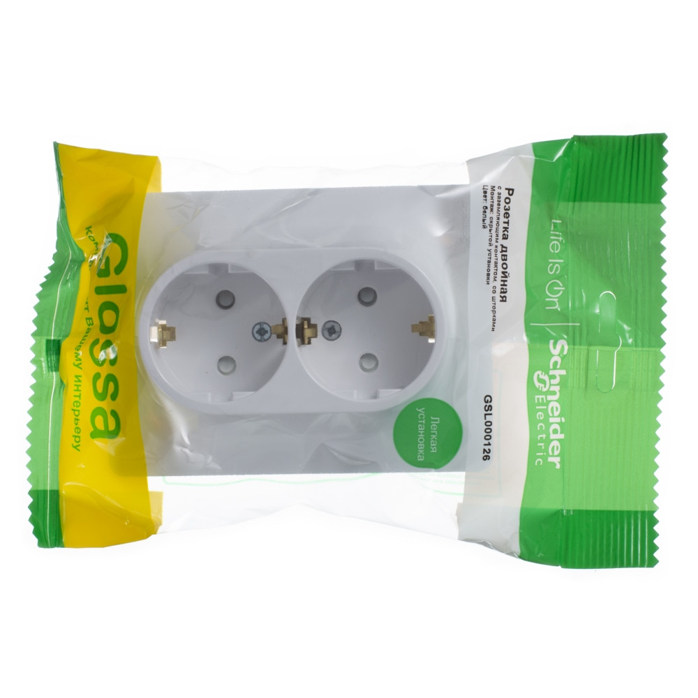 GLOSSA РОЗЕТКА двойная с заземлением со шторками, 16А, в сборе, БЕЛЫЙ