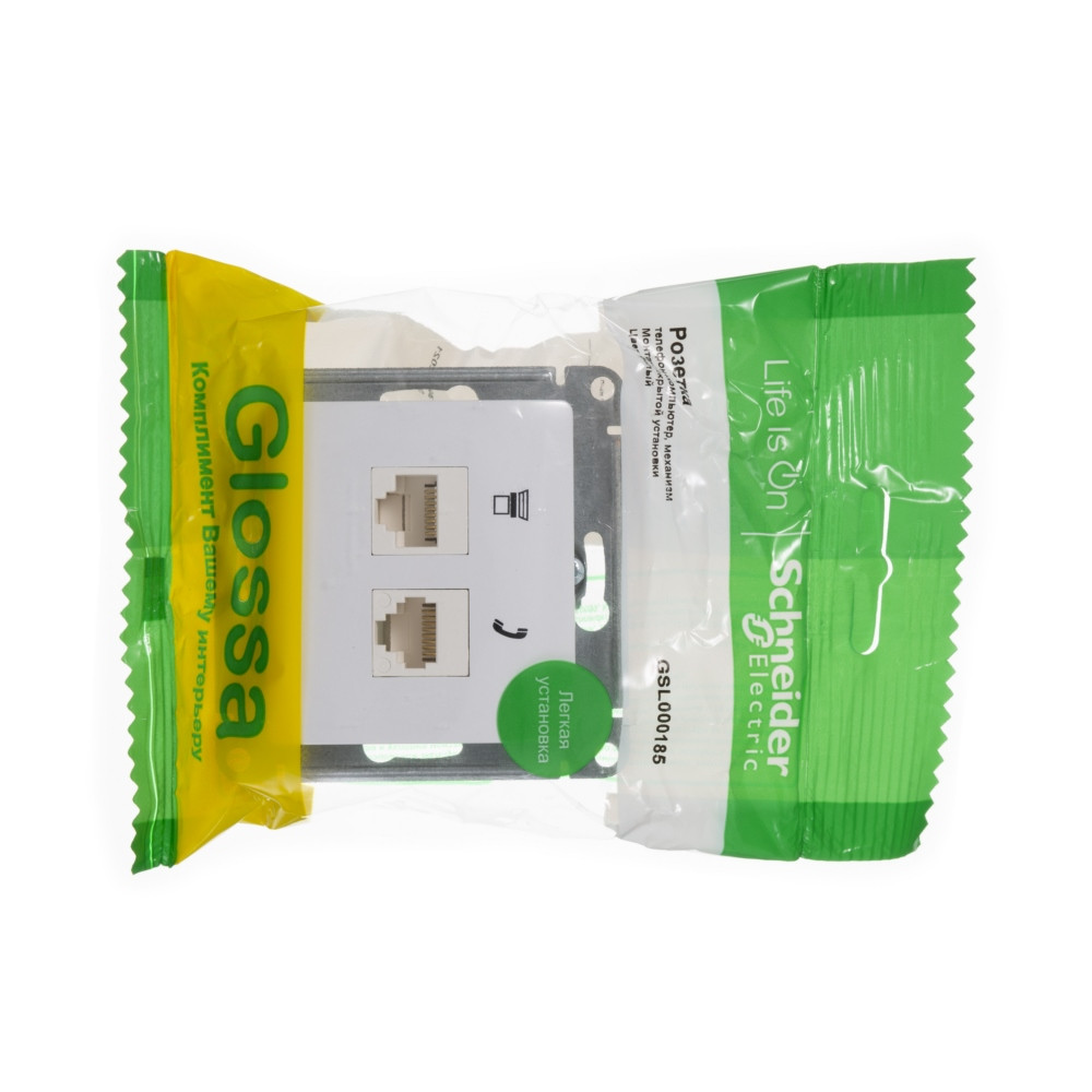GLOSSA РОЗЕТКА двойная RJ11+RJ45 кат.5e, механизм, БЕЛЫЙ