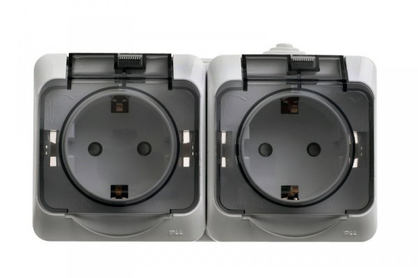 ЭТЮД IP44 O/У двойная РОЗЕТКА с заземлением со шторками 16А 250B, СЕРЫЙ, Россия