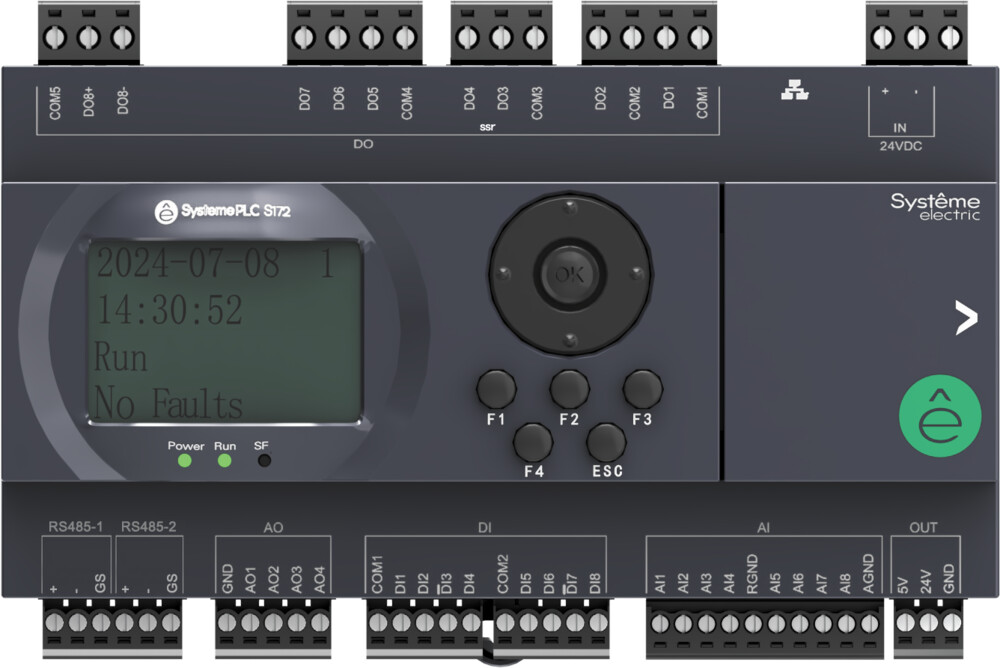 ПЛК S172; 24 VDC; дисплей; 28 IO: 8 DI, 8 DO (6 реле, 2 SSR), 8 AI, 4 AO, 2xRS485, 1xRJ45