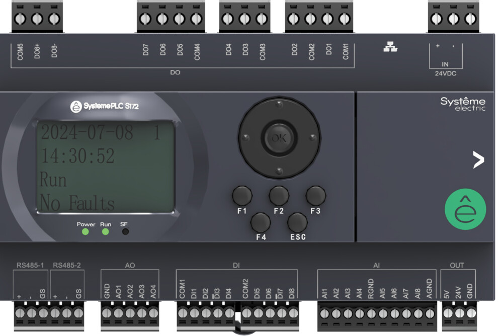 ПЛК S172; 24 VDC; дисплей; 28 IO: 8 DI, 8 DO (транзистор), 8 AI, 4 AO; 2xRS485, 1xRJ45
