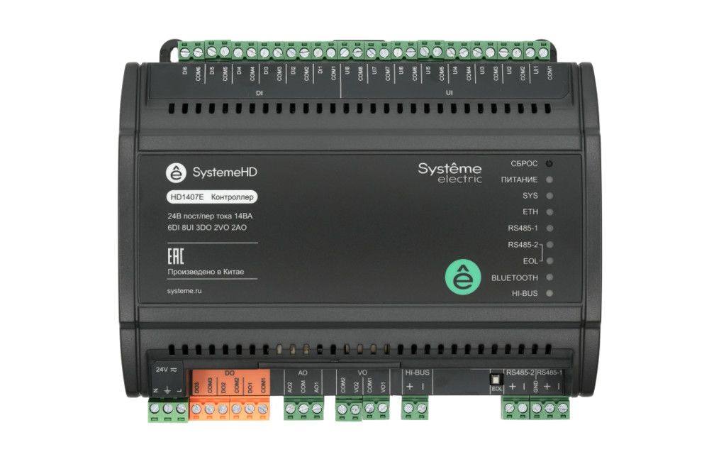 Контроллер SystemeHD, 6DI 8UI 3DO 2AO 2VO, 2Ethernet 2RS485 BACnet Modbus ~24В/=24В